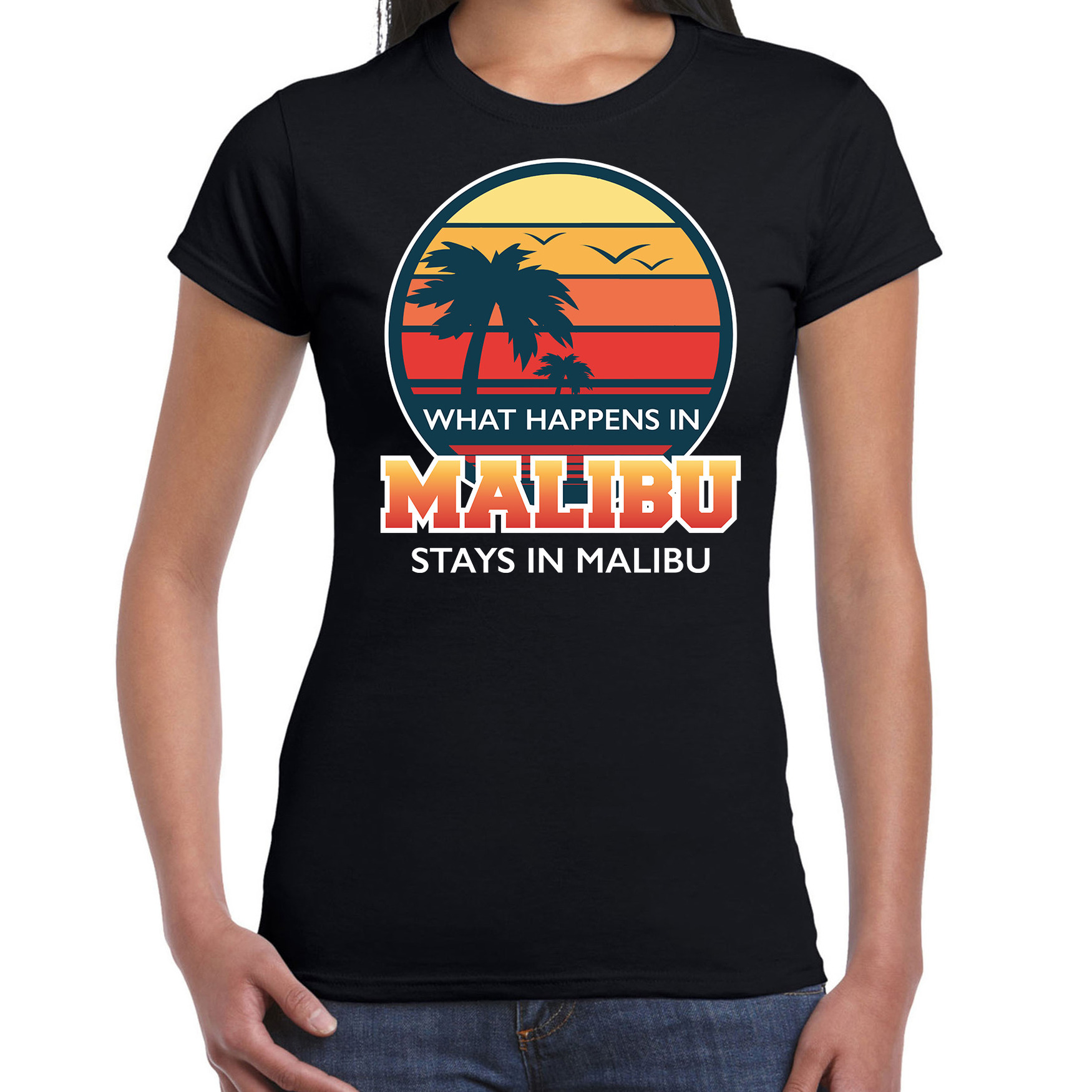 Malibu zomer t-shirt / shirt What happens in Malibu stays in Malibu zwart voor dames Top Merken Winkel